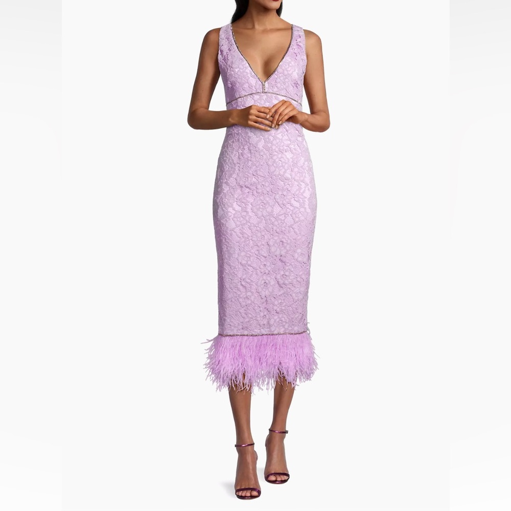 Likely Marino Floral Lace Feather-Trimmed Midi-Dress Size 2 NWT